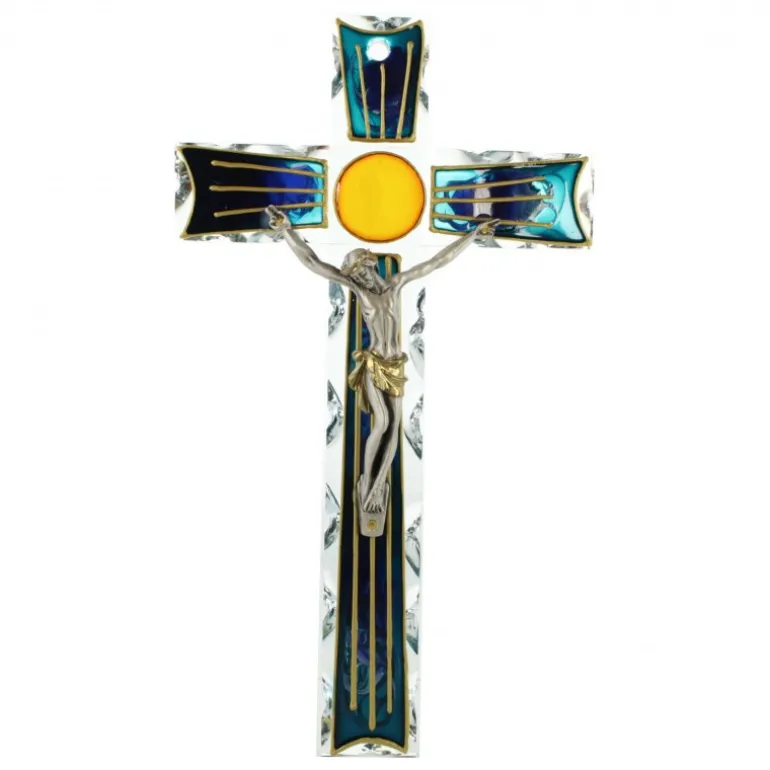 Palais du Rosaire Crucifix en verre coloré et doré avec Jésus Christ en métal^ Croix Religieuse | Crucifix Métal