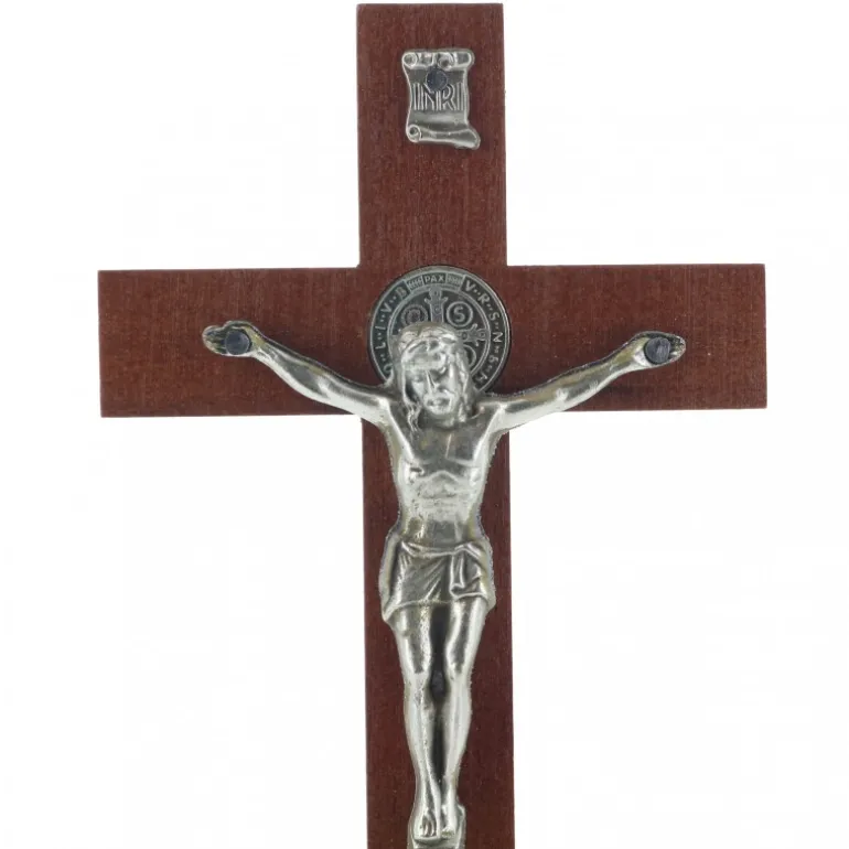 Palais du Rosaire Crucifix Saint Benoît avec Christ argenté 16 cm^ Crucifix Bois