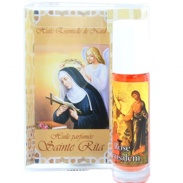 Palais du Rosaire Huile essentielle de Nard de Jérusalem en roll-on à l'effigie de la Sainte Rita et parfum Rose^ Huile Religieuse