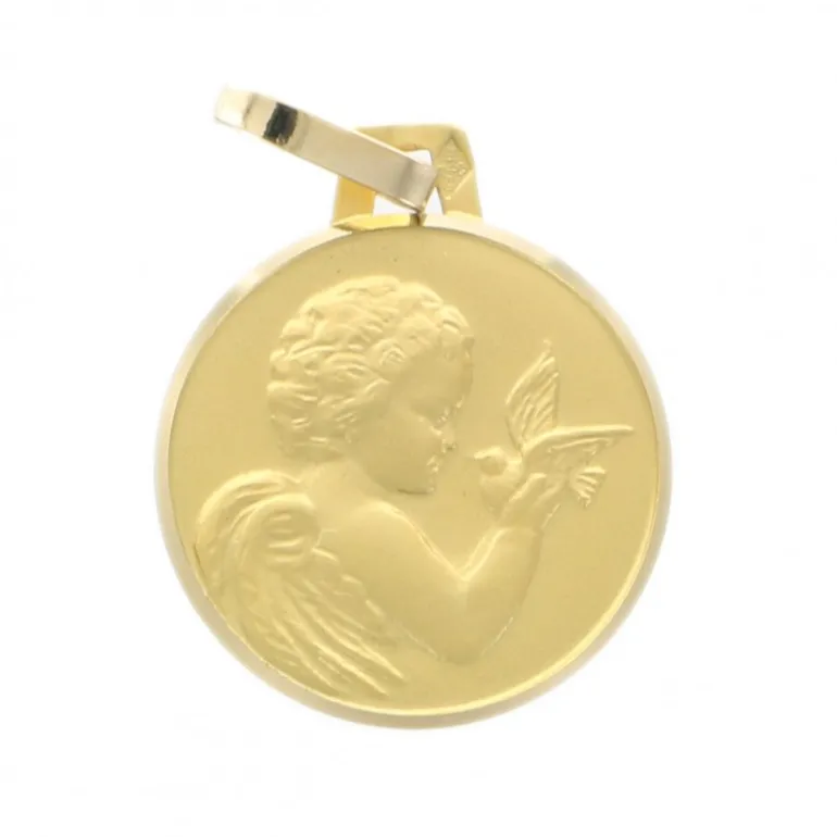 Palais du Rosaire Médaille d'Ange à la Colombe en Or 18 carats 14 mm avec Gravure Personnalisée^ Baptême | Communion
