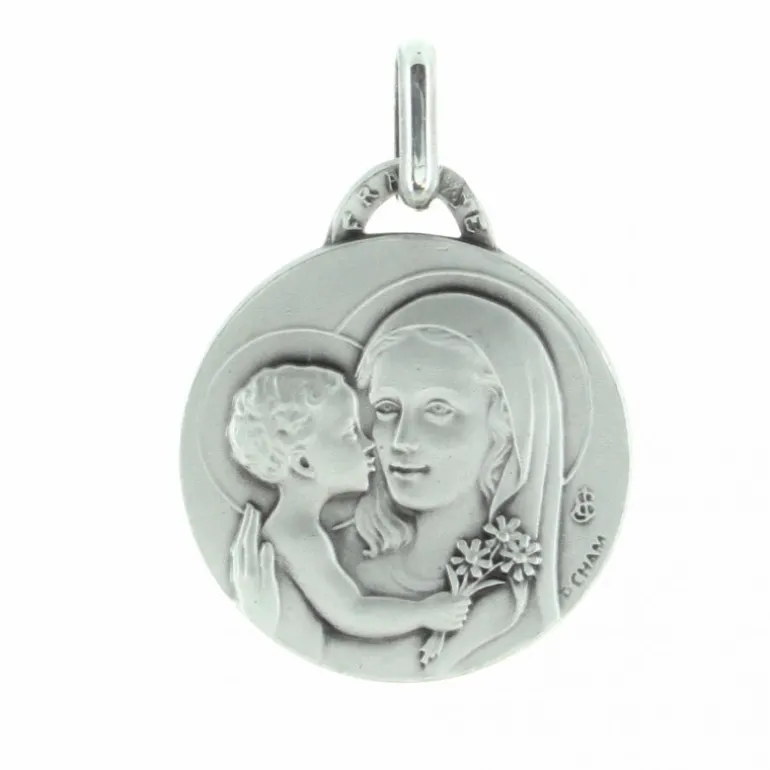 Palais du Rosaire Médaille de la Vierge Marie au bouquet en Argent 18mm avec Gravure Personnalisée^ Médaille De La Vierge | Médaille Et Croix Argent