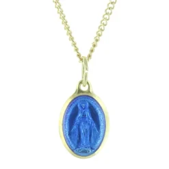 Palais du Rosaire Parure dorée médaille de la Vierge Miraculeuse bleutée et chaîne de 50cm^ Collier Fantaisie | Médaille Miraculeuse
