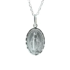 Palais du Rosaire Parure en argent de la Vierge Miraculeuse bord diamanté 15 mm^ Collier En Argent | Médaille Miraculeuse