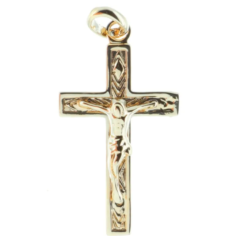 Palais du Rosaire Pendentif croix Plaqué Or avec le Christ et fond strié^ Croix En Pendentif | Médaille Et Croix Plaqué Or