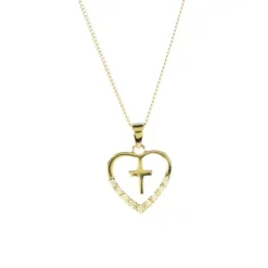 Palais du Rosaire Pendentif en Plaqué Or d'une Croix dans un Coeur avec des strass^ Collier En Plaqué Or