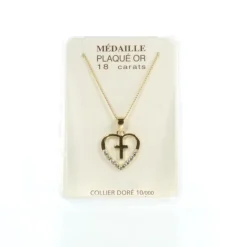 Palais du Rosaire Pendentif en Plaqué Or d'une Croix dans un Coeur avec des strass^ Collier En Plaqué Or