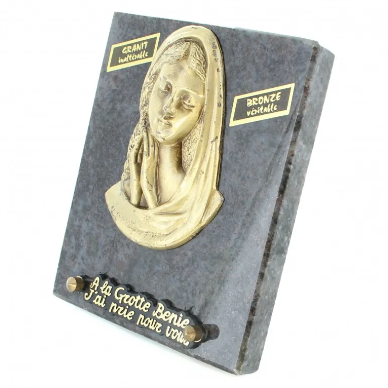 Palais du Rosaire Plaque funéraire de la Vierge Marie en bronze et en granit 13x13cm^ Plaque Funéraire