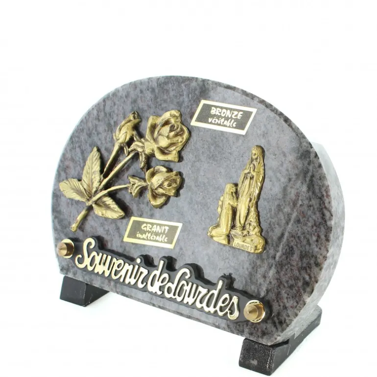 Palais du Rosaire Plaque funéraire de l'Apparition avec une rose en bronze et granit 18x12cm^ Plaque Funéraire