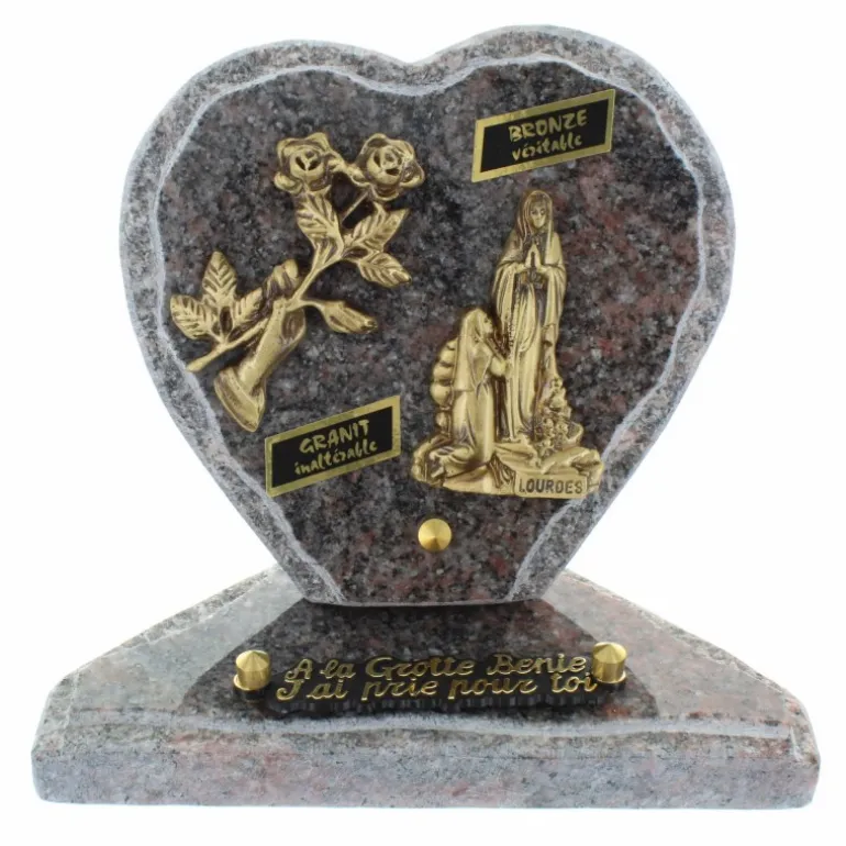 Palais du Rosaire Plaque Funéraire de Lourdes en Granit en forme de coeur et sujets bronze 18x18cm^ Plaque Funéraire
