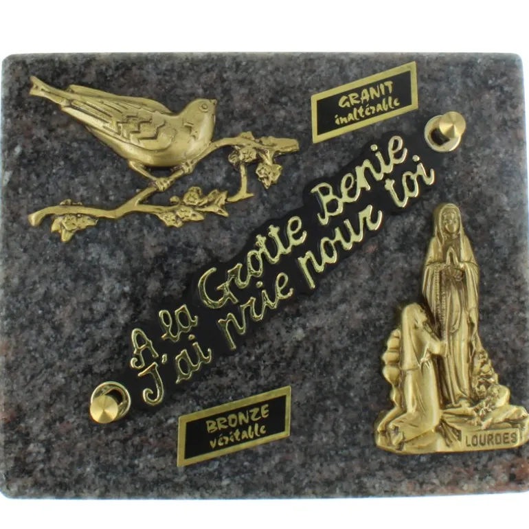 Palais du Rosaire Plaque Funéraire de Lourdes rectangulaire en Granit et sujets en bronze 12x18cm^ Plaque Funéraire