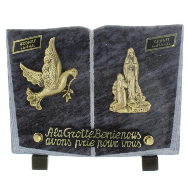 Palais du Rosaire Plaque Funéraire en Granit en forme de livre avec des sujets en bronze 20x15cm^ Plaque Funéraire
