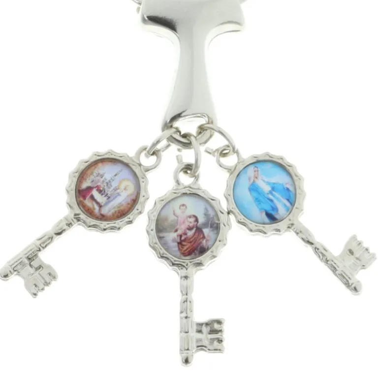 Palais du Rosaire Porte-clés avec une croix de Tau et 3 clés avec des images religieuses^ Porte-Clés