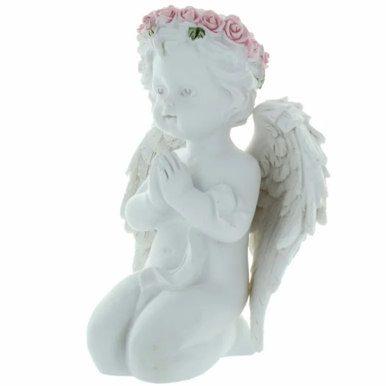 Palais du Rosaire Statue Ange à genoux avec une couronne de roses colorées 14cm^ Statue Ange
