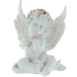 Palais du Rosaire Statue Ange avec une couronne de roses colorée 12cm^ Statue Ange