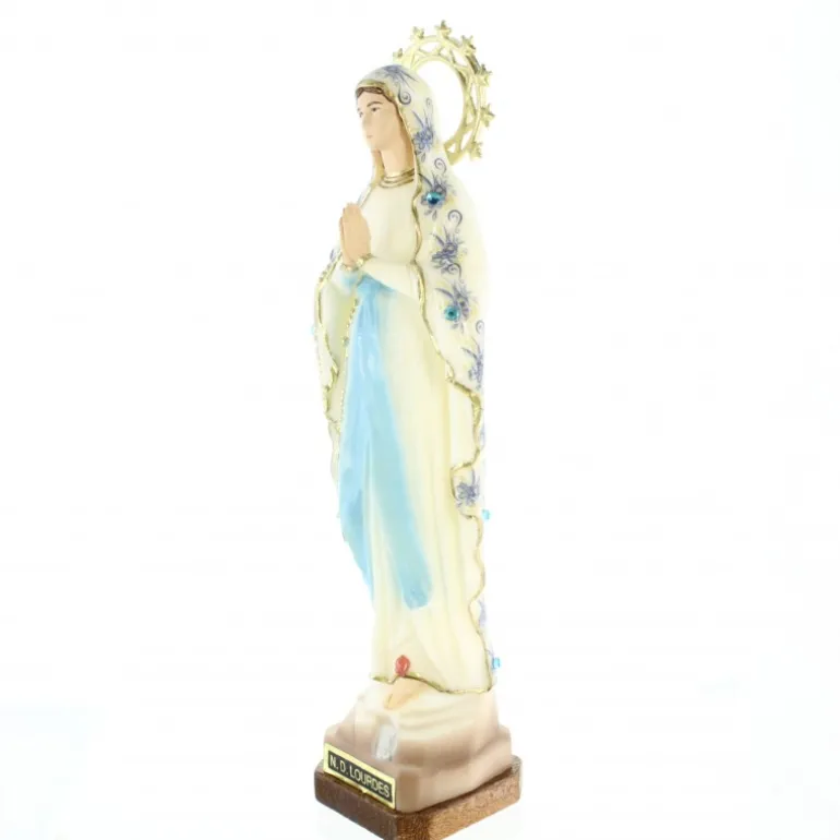 Palais du Rosaire Statue de 21cm résine de Notre Dame de Lourdes avec un manteau de fleurs^ Statue De Notre Dame De Lourdes