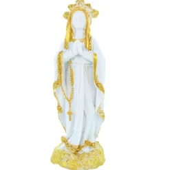 Palais du Rosaire Statue de Notre Dame de Lourdes blanche à paillettes dorées de 12cm^ Statue De Notre Dame De Lourdes