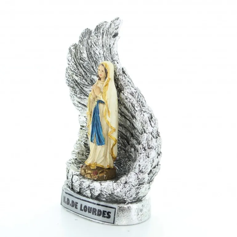 Palais du Rosaire Statue Notre Dame de Lourdes entourée d'ailes argentées en résine pailletée 10cm^ Statue De Notre Dame De Lourdes