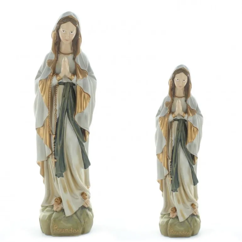 Palais du Rosaire Statue Notre Dame de Lourdes patinée avec mateau or en résine 40 cm^ Statue De Notre Dame De Lourdes