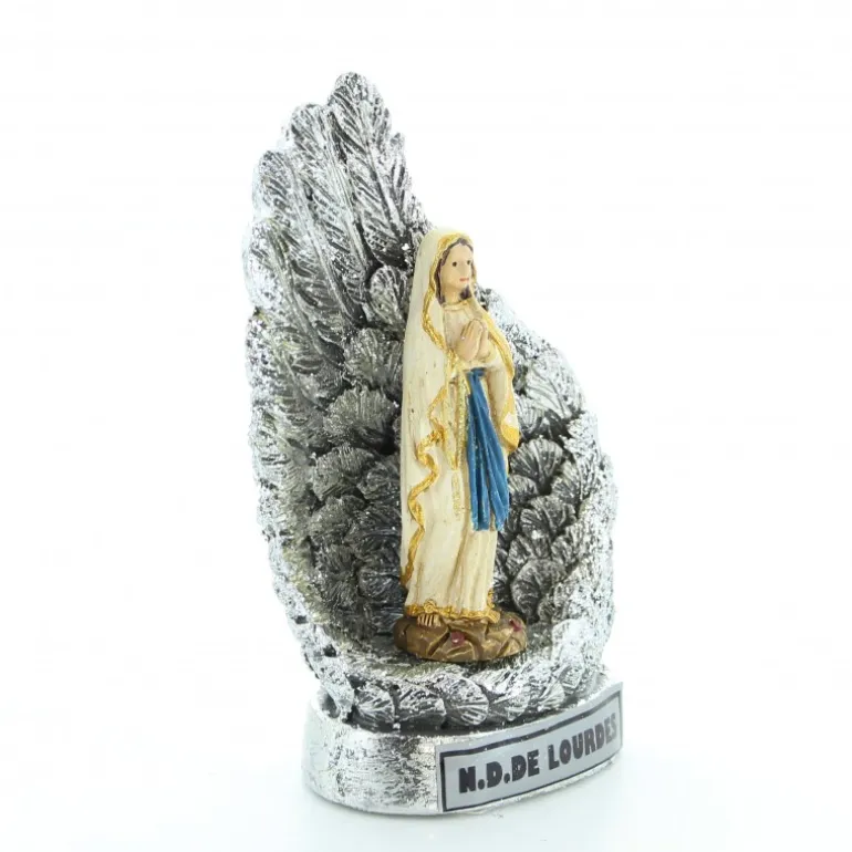 Palais du Rosaire Statue Notre Dame de Lourdes entourée d'ailes argentées en résine pailletée 10cm^ Statue De Notre Dame De Lourdes