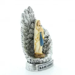 Palais du Rosaire Statue Notre Dame de Lourdes entourée d'ailes argentées en résine pailletée 10cm^ Statue De Notre Dame De Lourdes