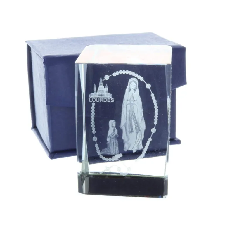 Palais du Rosaire Verre gravé laser 3D reflets colorés, Apparition de Lourdes et chapelet 6 cm^ Verre Gravé