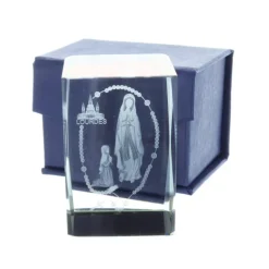 Palais du Rosaire Verre gravé laser 3D reflets colorés, Apparition de Lourdes et chapelet 6 cm^ Verre Gravé